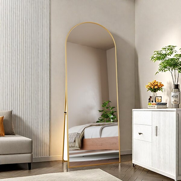 Obloukové kosmetické zrcadlo z tvrzeného skla, zlatý hliníkový rám, 1620x530 mm, elegantní moderní design do ložnice, šatny nebo koupelny