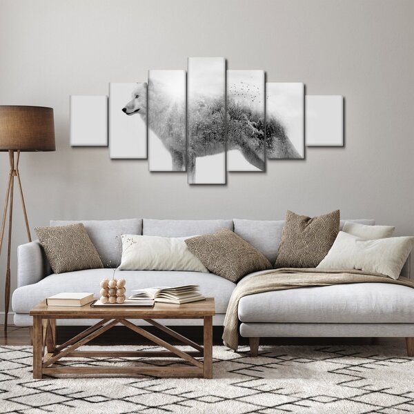 Obraz - Arktický vlk zrcadlící divokou krajinu, černobílý (210x100 cm)