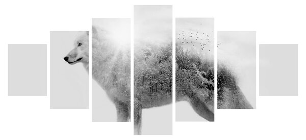 Obraz - Arktický vlk zrcadlící divokou krajinu, černobílý (210x100 cm)