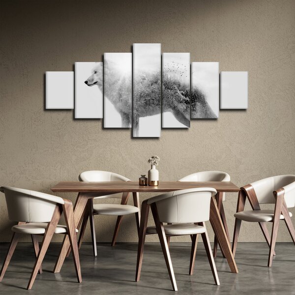 Obraz - Arktický vlk zrcadlící divokou krajinu, černobílý (210x100 cm)