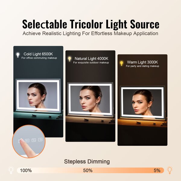 VEVOR Hollywoodské kosmetické zrcadlo s LED osvětlením 80 cm × 55 cm 3 režimy osvětlení 5násobné zvětšení, Bluetooth, USB s možností plynulého stmívání