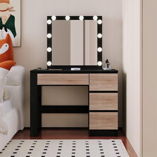 Kosmetický toaletní stolek s LED zrcadlem, moderní černý loftový styl