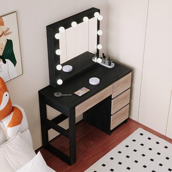 Kosmetický toaletní stolek s LED zrcadlem, moderní černý loftový styl