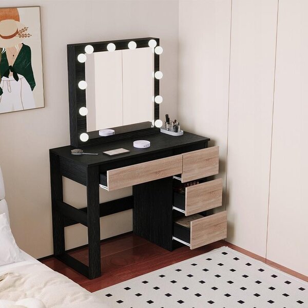 Kosmetický toaletní stolek s LED zrcadlem, moderní černý loftový styl