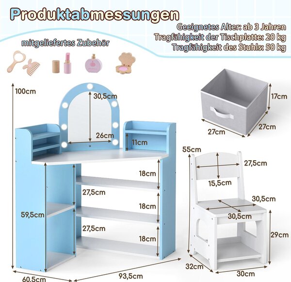 Rohový dětský kosmetický stolek COSTWAY, toaletní stolek se 3 barevnými zrcadly LED, 3 odkládacími přihrádkami a 5 otevřenými přihrádkami, rohová sada dětských kosmetických stolků od 3 let