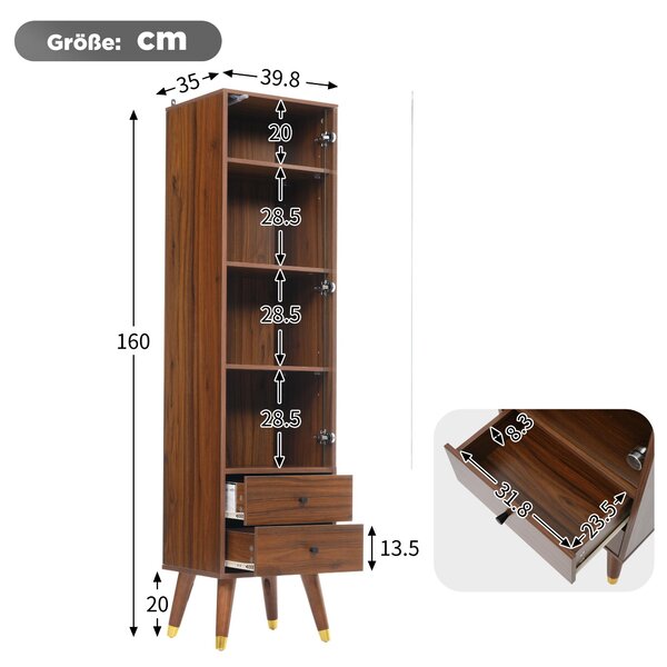Moderní vysoká skříň s prosklenými dvířky, vitrína s nastavitelnými policemi a 2 zásuvkami, komoda rozměrů 39,8 x 35 x 160 cm, s povrchem imitujícím ořechové dřevo