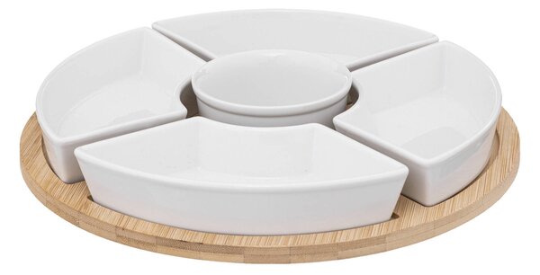 Servírovací set: 6 porcelánových misek + bambusový tác
