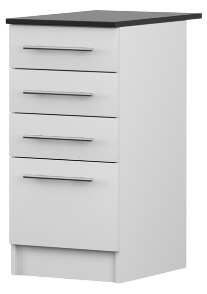 Spodní skříňka INEZ III, kuchyň, kuchyňská skříňka 40 cm, bílá/černá, se čtyřmi zásuvkami, stříbrné kovové úchytky