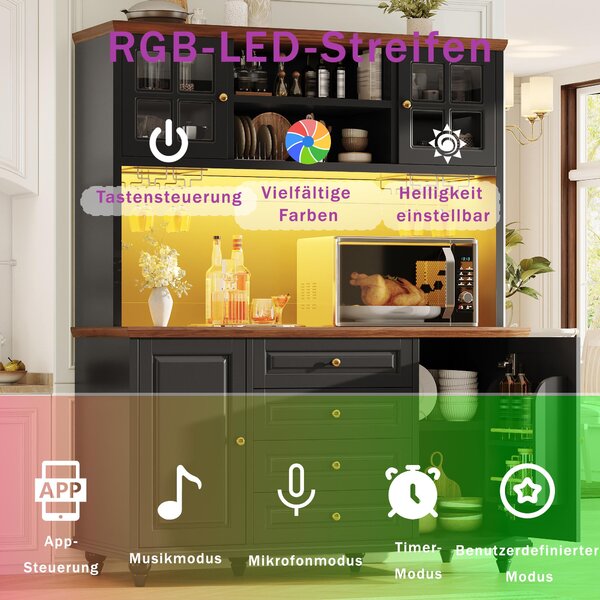 Kuchyňská skříňka Flieks s RGB LED osvětlením, kovovým držákem na víno, komoda s nohami z kaučukovníku, vysoká skříň, vhodná do kuchyně i obývacího pokoje, černá barva