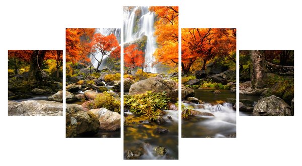 Obraz - Vodopády v oranžovém lese (125x70 cm)