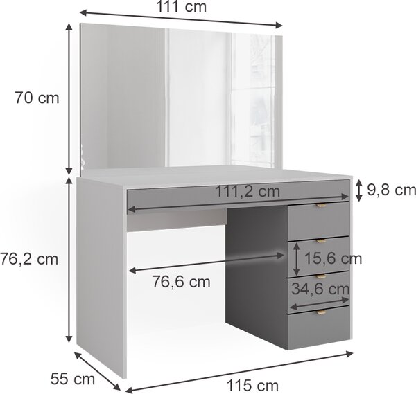 Toaletní stolek Vicco Elise Bílá/šedá/šedá 115 cm se zrcadlem, Model 41341