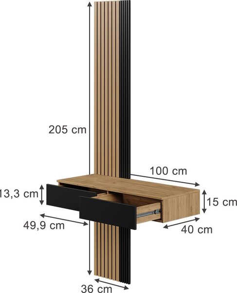 Toaletní stolek Vicco Melina Dub/černá 100 cm se 2 zásuvkami, Model 57980