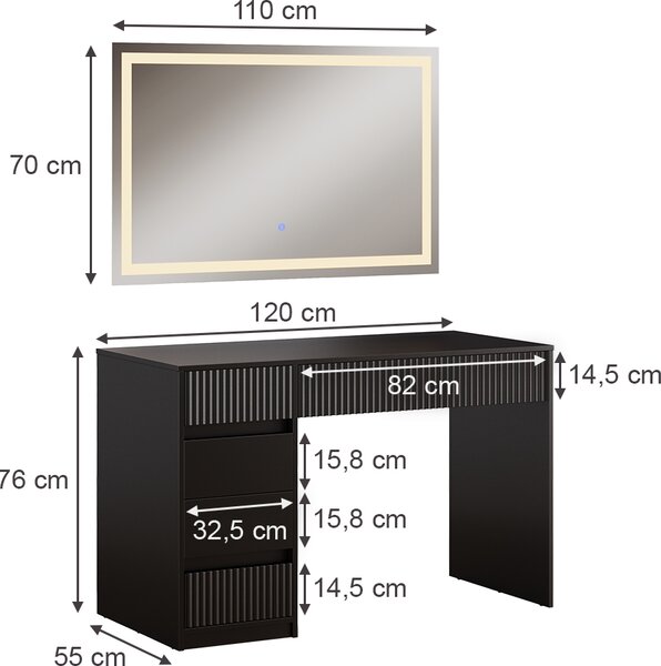 Kosmetický stolek se zrcadlem Vicco Omira Černá 120 cm se zrcadlem LED, Model 50580