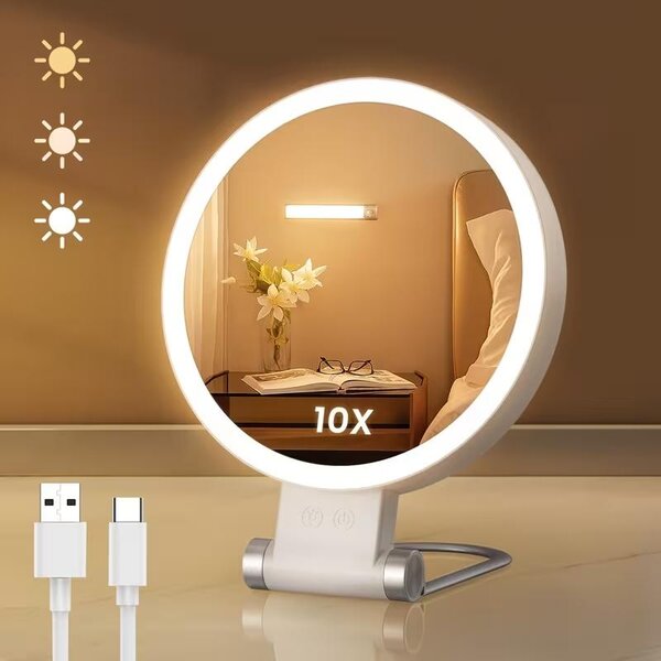 Oboustranné podsvícené kosmetické zrcátko na líčení 1x 10x LED USB C