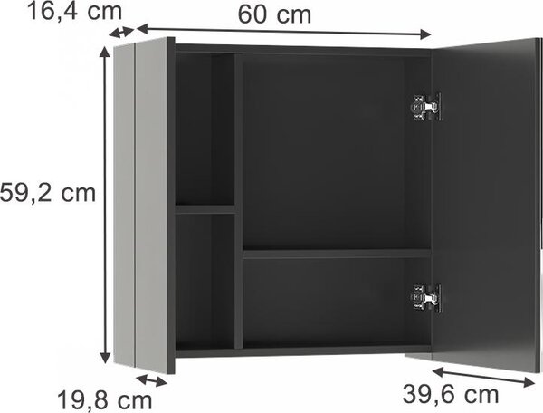 Koupelnová zrcadlová skříňka Vicco Leopold Antracit 60 x 59.2 cm S policemi a 1 zrcadlovými dvířky, Model 56214