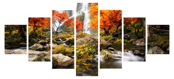 Obraz - Vodopády v oranžovém lese (210x100 cm)