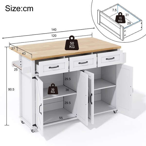 Kuchyňský ostrůvek, rozměry 140x43(70)x90,5 cm, sklopná pracovní deska, 5 koleček, 4 dvířka, 3 zásuvky, držák na ručníky, styl "barn", barva bílá