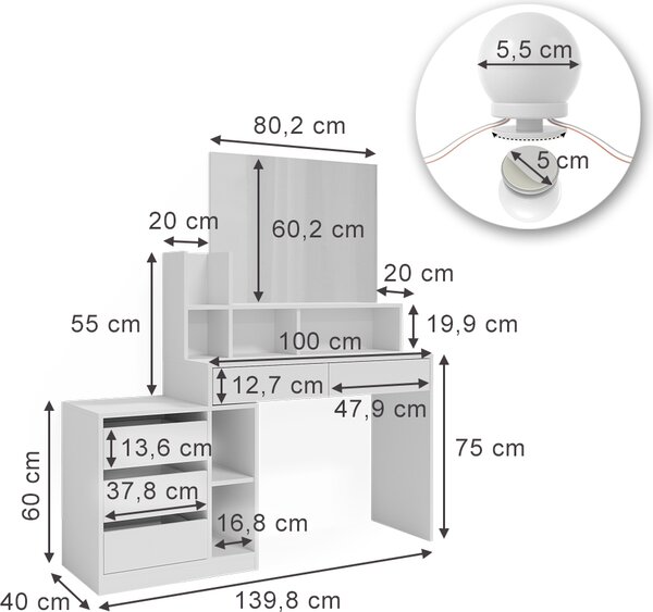 Toaletní stolek Vicco Anja Bílá 139.8 cm s osvětlením LED, Model 41333