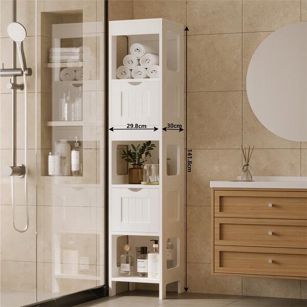 Koupelnová skříňka, sloupová, se zásuvkami, bílá, vysoká, police ve stylu loft, 142 cm