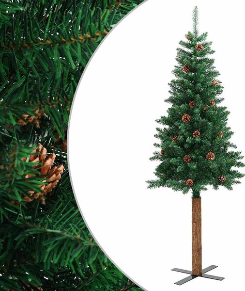 Úzký vánoční stromek pravé dřevo a šišky zelený 180 cm PVC 320958