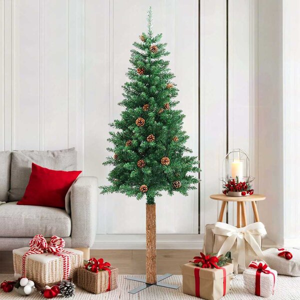 Úzký vánoční stromek pravé dřevo a šišky zelený 180 cm PVC 320958