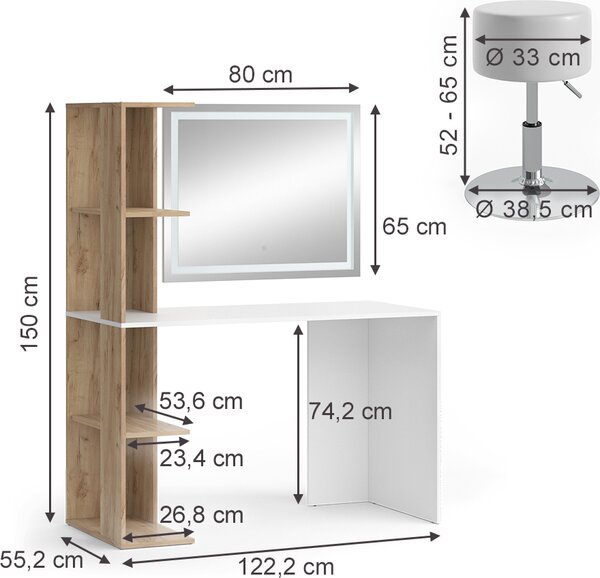 Toaletní stolek Vicco Tower Bílá/Sonoma 122.2 cm se zrcadlem LED a stoličkou, Model 49449