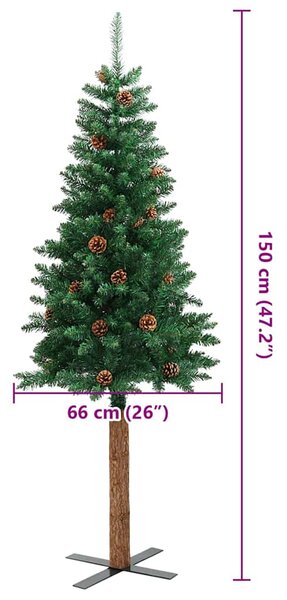 Úzký vánoční stromek pravé dřevo a šišky zelený 150 cm PVC 320957