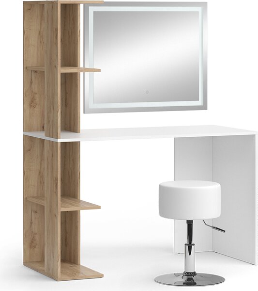 Toaletní stolek Vicco Tower Bílá/Sonoma 122.2 cm se zrcadlem LED a stoličkou, Model 49449