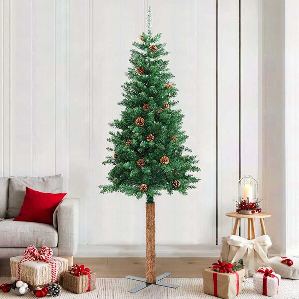 Úzký vánoční stromek pravé dřevo a šišky zelený 210 cm PVC 320959