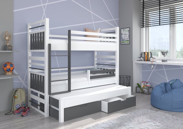 Třílůžková postel se zábranou 80x180 BEFRIA - bílá / šedá