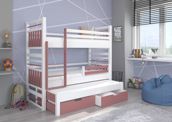 Třílůžková postel se zábranou 80x180 BEFRIA - bílá / růžová