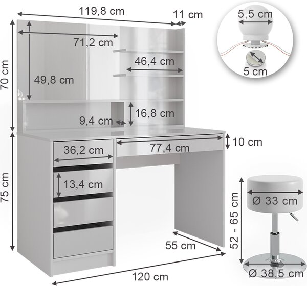 Toaletní stolek Vicco Sherry Bílá 120 cm s osvětlením LED, stoličkou a zrcadlovou policí, Model 41294