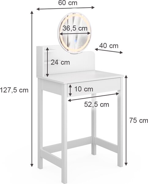 Toaletní stolek Vicco Surrey Bílá 60 cm se zrcadlem LED, Model 47664