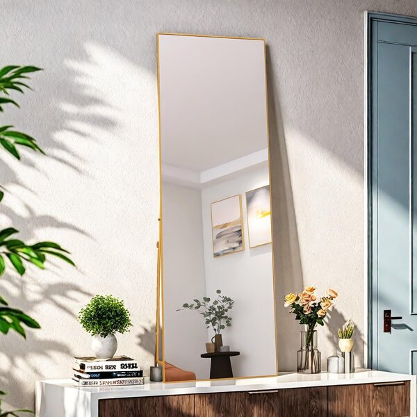 Obdélníkové kosmetické zrcadlo z tvrzeného skla, zlatý hliníkový rám, 162 x 53 cm, elegantní moderní design do ložnice nebo koupelny
