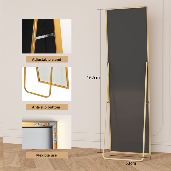 Obdélníkové kosmetické zrcadlo z tvrzeného skla, zlatý hliníkový rám, 162 x 53 cm, elegantní moderní design do ložnice nebo koupelny