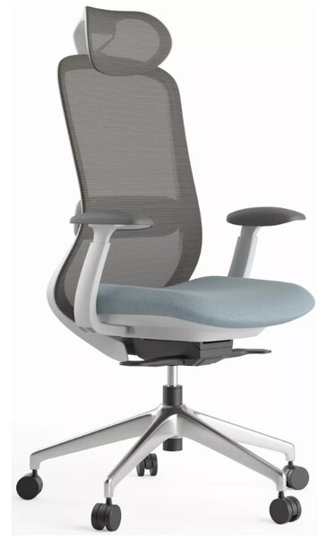 Kancelářská ergonomická židle BESSEL s podhlavníkem — síť, šedý plast, nosnost 120 kg, modrá