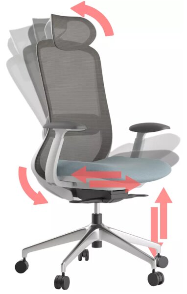 Kancelářská ergonomická židle BESSEL s podhlavníkem — síť, šedý plast, nosnost 120 kg, modrá