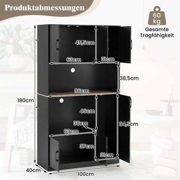 Kuchyňská skříňka COSTWAY, bufetová skříňka, vysoká skříňka se zásuvkou, dvířky a pracovní deskou, spížní skříňka, úložná skříňka, 100x40x180cm, černá