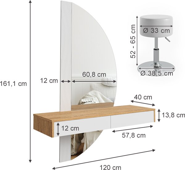 Toaletní stolek Vicco Melisa Bílá 120 cm s LED osvětlením a taburetem, Model 40873