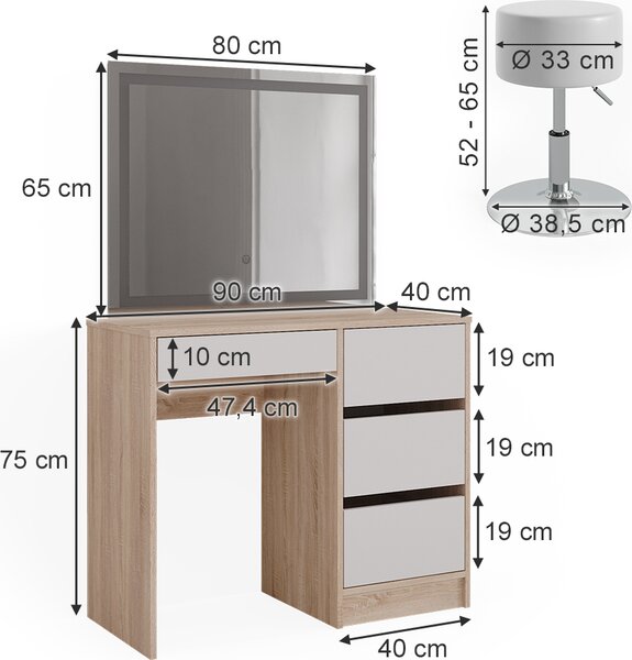 Toaletní stolek Vicco Sherry Sonoma 90 cm se zrcadlem LED a stoličkou, Model 40836