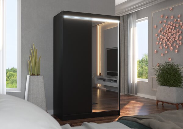 Šatní skříň 120 cm s posuvnými dveřmi a LED osvětlením EABRIA - tmavě hnědá