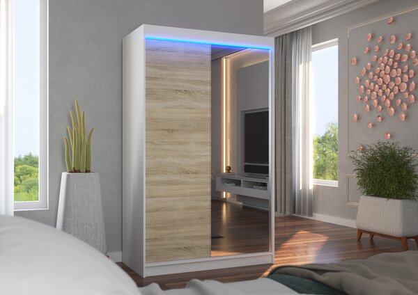 Šatní skříň 120 cm s posuvnými dveřmi a LED osvětlením EABRIA - bílá / dub sonoma