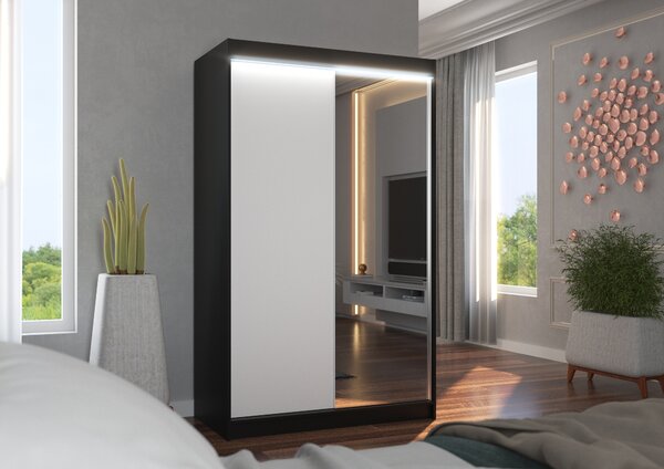 Šatní skříň 120 cm s posuvnými dveřmi a LED osvětlením EABRIA - černá / bílá