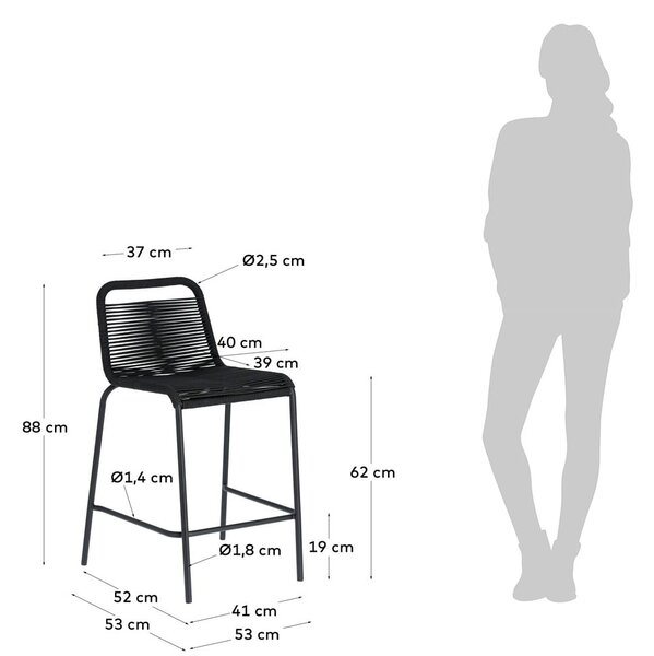 Černá barová židle s ocelovou konstrukcí Kave Home Glenville, výška 62 cm