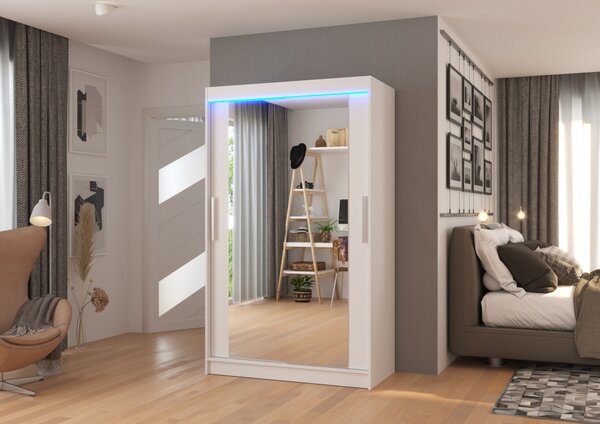 Šatní skříň se zrcadlem a LED osvětlením 120 cm EADRA - bílá