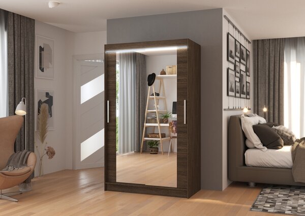 Šatní skříň se zrcadlem a LED osvětlením 120 cm EADRA - tmavě hnědá