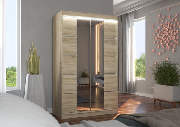 Zrcadlová šatní skříň s LED osvětlením 120 cm FABRA - dub sonoma
