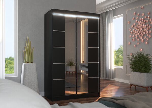 Zrcadlová šatní skříň s LED osvětlením 120 cm FABRA - černá