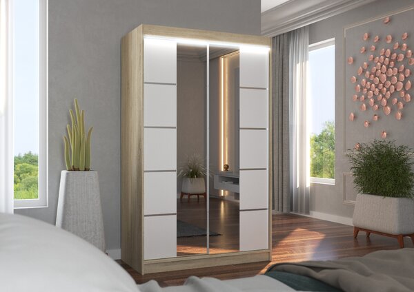 Zrcadlová šatní skříň s LED osvětlením 120 cm FABRA - dub sonoma / bílá