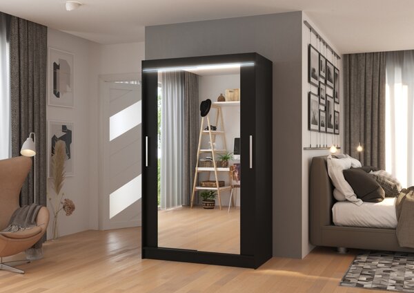 Šatní skříň se zrcadlem a LED osvětlením 120 cm EADRA - černá